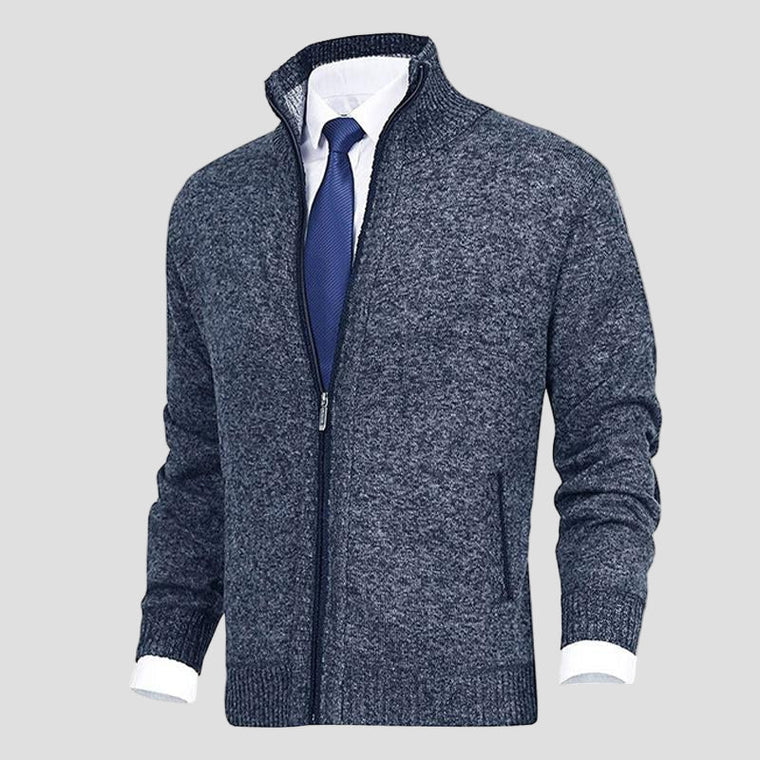 Gebreide cardigan met opstaande kraag en volledige ritssluiting voor heren in smart casual stijl, ideaal voor werk in de herfst-1