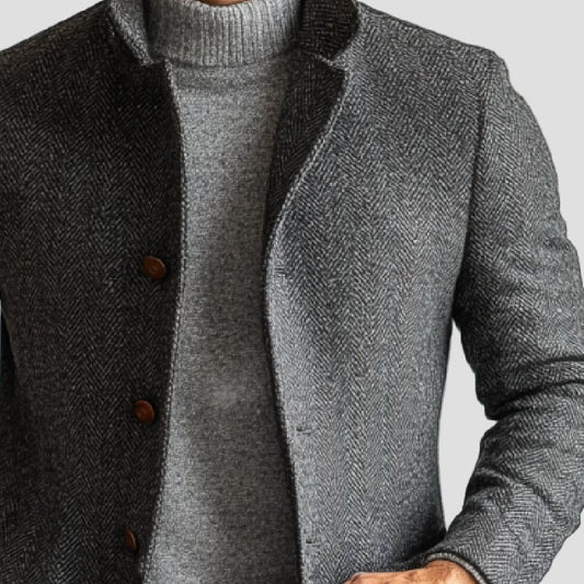Mid-length jas met opstaande kraag en herringbone-patroon