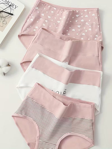 4 stuks damesonderbroeken met hoge taille in roze hartjesprint | Zacht, ademend en comfortabel met schattige kantdetails, ideaal voor dagelijks gebruik
