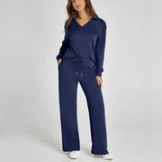 FAYE | Loungewear Set met Comfortabele Broek en Trui met V-hals Loungewear Set Zavalori Donkerblauw XS