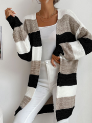 Elodie - Gestreepte Gebreide Cardigan voor Een Laagjeslook Women's Cardigan Zavalori Lichtbruin 8 (S)