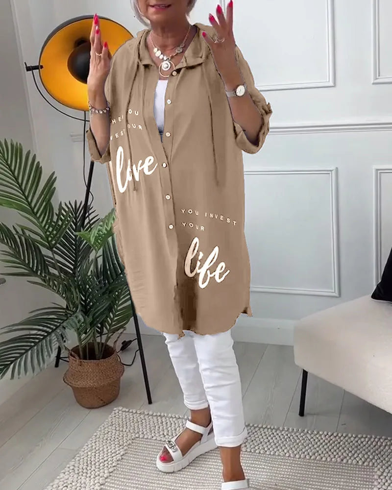 Midi Coat met Knopen en Collared Neckline