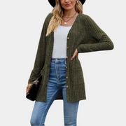 JENNY - Geribbelde Gebreide Lange Cardigan met Knopen Women's Cardigan Zavalori Legergroen 8 (S)