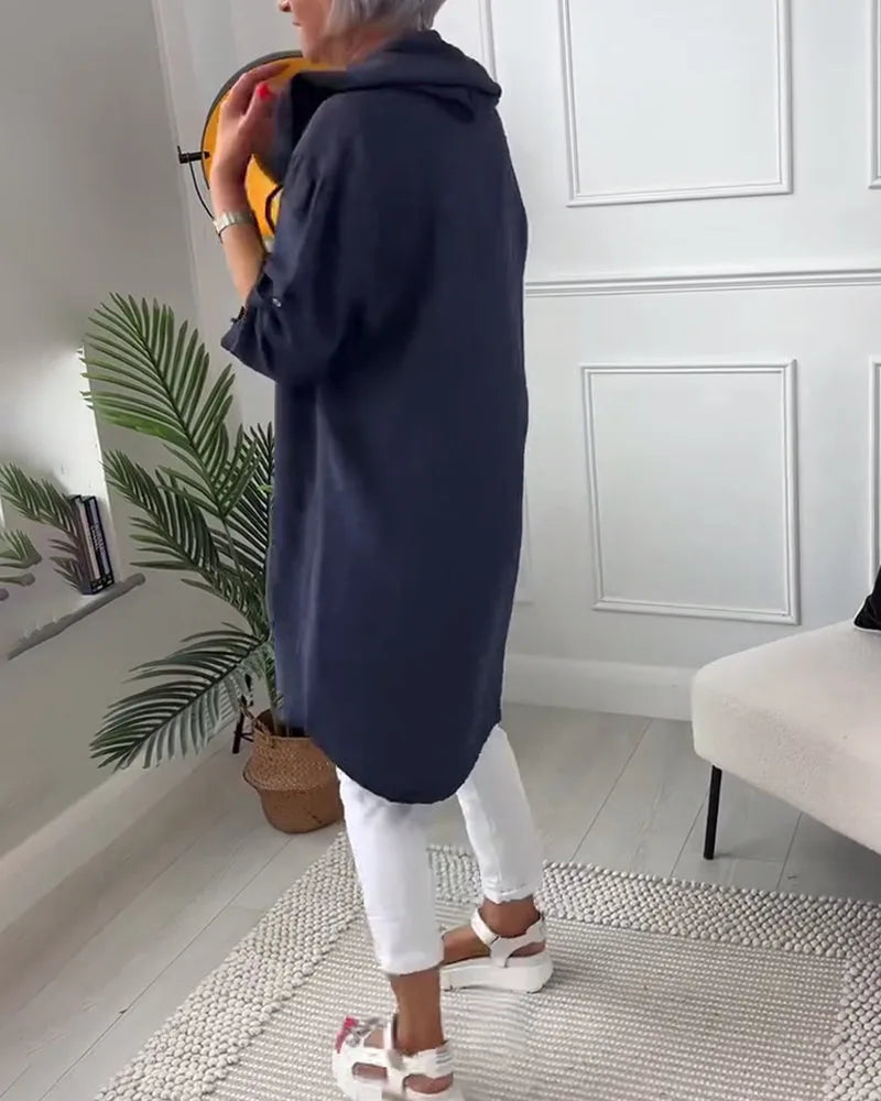 Midi Coat met Knopen en Collared Neckline