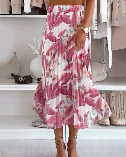 Midi Rok met Bloemenprint en Plooien