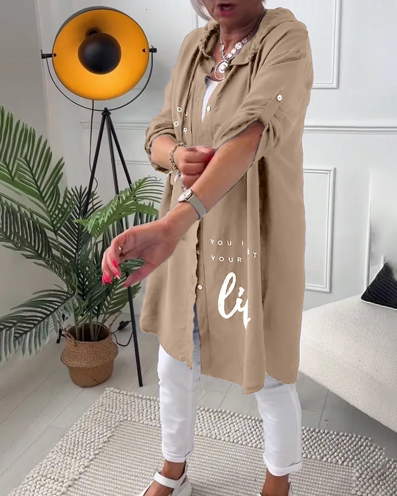 Midi Coat met Knopen en Collared Neckline