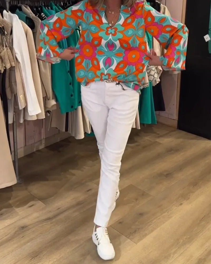 Blouse met V-hals en geometrisch patroon