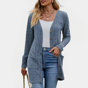 JENNY - Geribbelde Gebreide Lange Cardigan met Knopen Women's Cardigan Zavalori Blauw 8 (S)