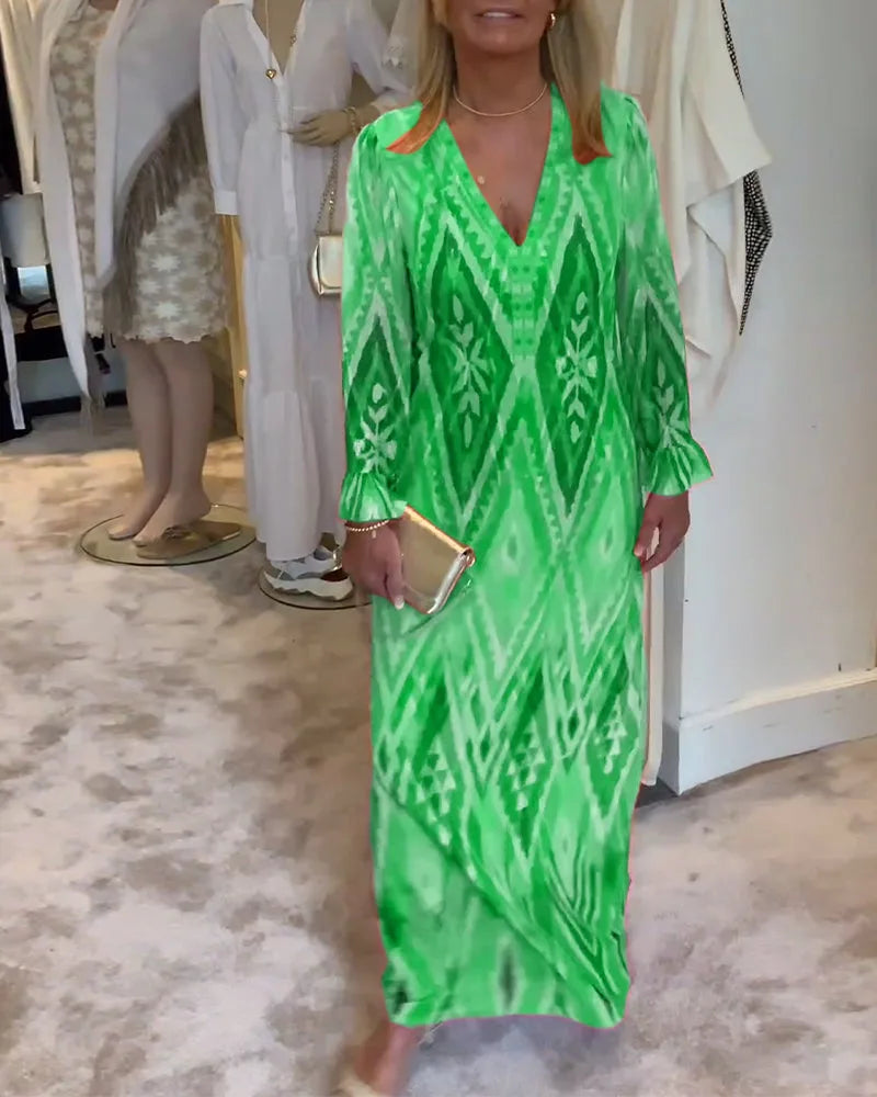 Maxi jurk met diepe V-hals en ruffles