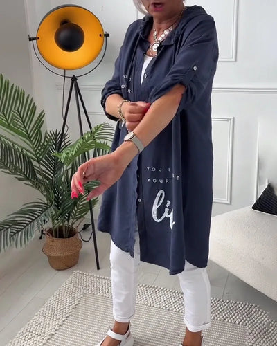 Midi Coat met Knopen en Collared Neckline