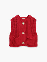 LOLA - Comfortabele Knopen-Down Brei Vest in Casual Katoenmix Women's Vest Zavalori Rood 6 (XS)