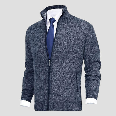 Gebreide cardigan met opstaande kraag en volledige ritssluiting voor heren in smart casual stijl, ideaal voor werk in de herfst-1