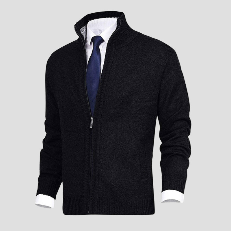 Gebreide cardigan met opstaande kraag en volledige ritssluiting voor heren in smart casual stijl, ideaal voor werk in de herfst-10