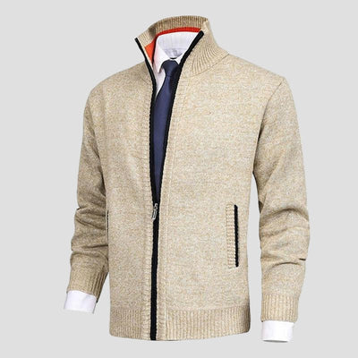 Gebreide cardigan met opstaande kraag en volledige ritssluiting voor heren in smart casual stijl, ideaal voor werk in de herfst-3