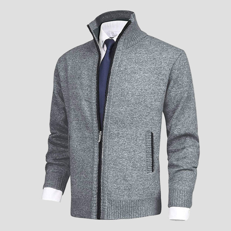 Gebreide cardigan met opstaande kraag en volledige ritssluiting voor heren in smart casual stijl, ideaal voor werk in de herfst-6