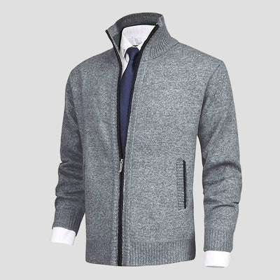 Gebreide cardigan met opstaande kraag en volledige ritssluiting voor heren in smart casual stijl, ideaal voor werk in de herfst-6