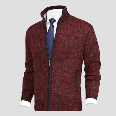 Gebreide cardigan met opstaande kraag en volledige ritssluiting voor heren in smart casual stijl, ideaal voor werk in de herfst-8