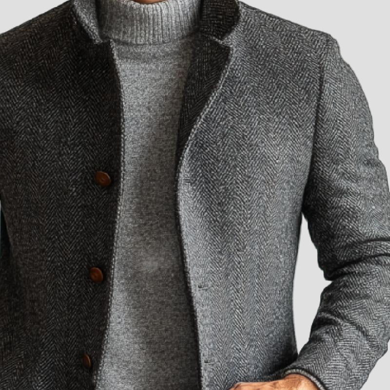 Mid-length jas met opstaande kraag en herringbone-patroon