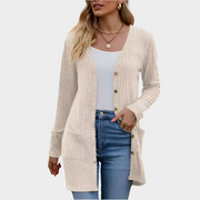 JENNY - Geribbelde Gebreide Lange Cardigan met Knopen Women's Cardigan Zavalori Beige 8 (S)