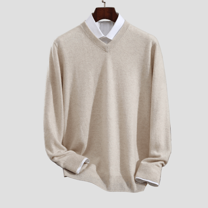 V-hals trui van zachte cashmere met lange mouwen en ribgebreide manchetten voor heren in smart casual stijl voor werk in de herfst-1