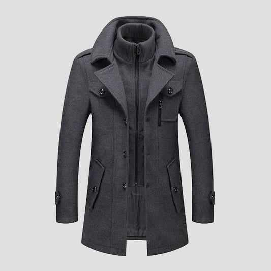 Wollen jas met dubbele kraag en rits- en knoopsluiting voor heren in smart casual stijl, ideaal voor de herfst-4