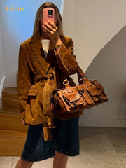 JANE | Dames Suede Jas met Riem en Zakken – Lange Mouwen en Kraag voor de Herfst Jacket Zavalori