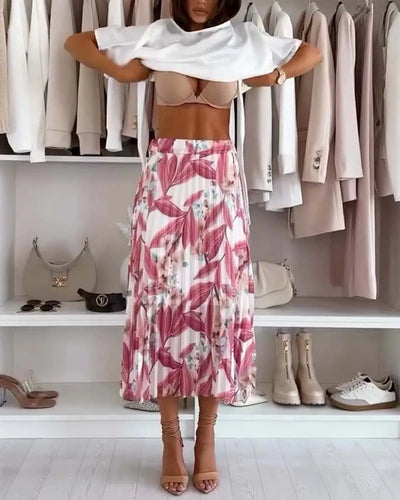 Midi Rok met Bloemenprint en Plooien