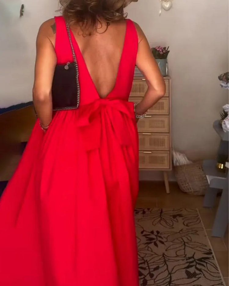 Maxi jurk met diepe V-hals en strikdetail