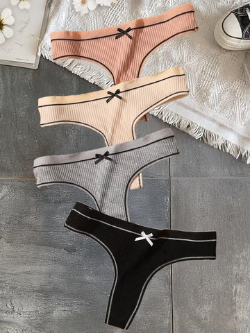 4 stuks dames ondergoed in Japanse stijl - Schattige strikjes, geribd, stringslipjes, sexy en elegant, comfortabel T-vormig ondergoed