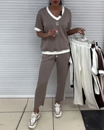 Two-piece set met V-hals en contrast trim