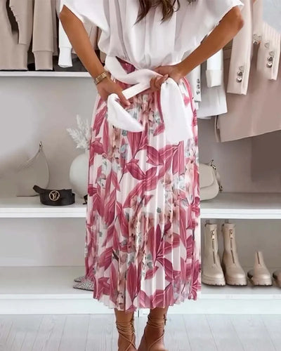 Midi Rok met Bloemenprint en Plooien