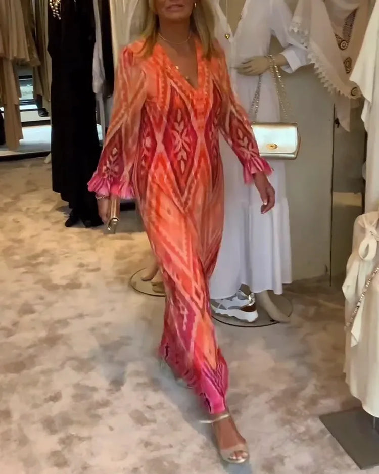 Maxi jurk met diepe V-hals en ruffles