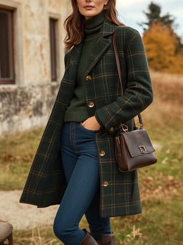 JARA | Dames lange geruite wollen mantel Wool Coats Zavalori Groen S